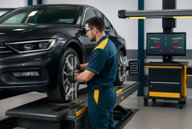 Especialista alinhando rodas de um carro.