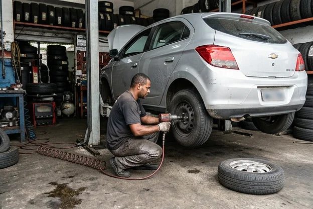 Mecânico fazendo rodízio de pneus em uma borracharia.