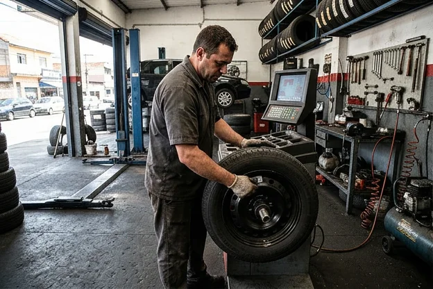 Técnico realizando balanceamento de rodas na borracharia.