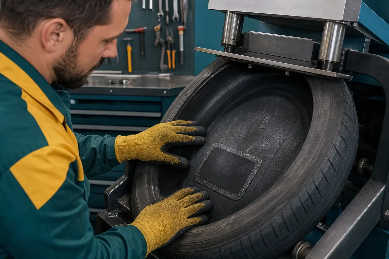 Técnico realizando vulcanização de um pneu.