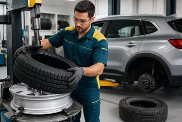 Técnico substituindo um pneu em uma borracharia.