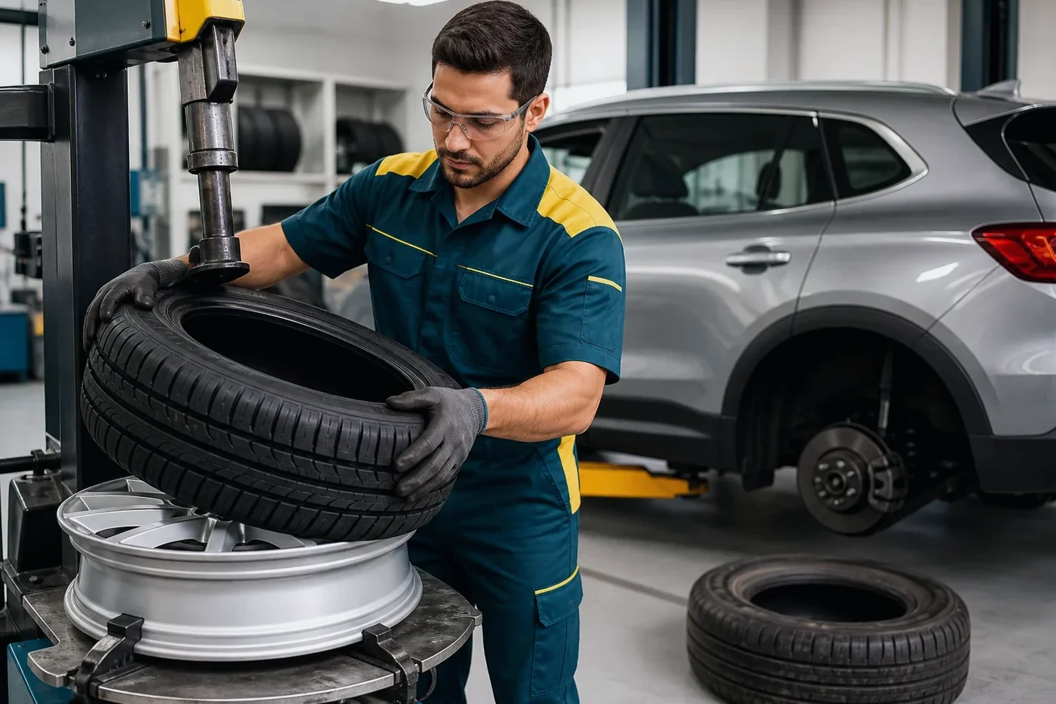 Técnico substituindo um pneu em uma borracharia.